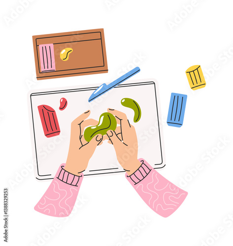 Hand-drawn hands making plasticine figure