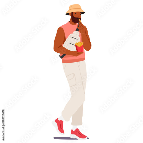 Carefree hipster guy cartoon character eating fast food on the go snacking french fries from box