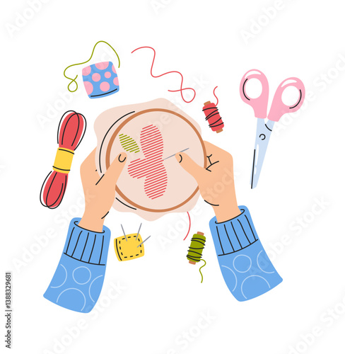 Hand-drawn hands stitching embroidery decoration