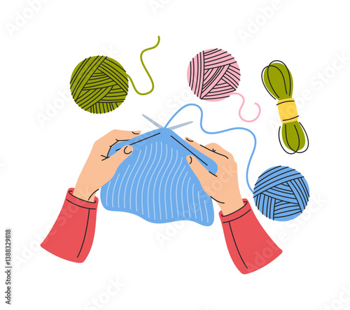 Hand-drawn hands knitting using needles