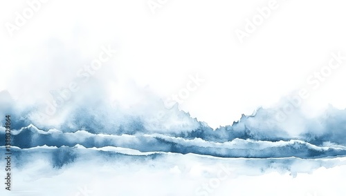 Misty mountain range, soft blue watercolor landscape
