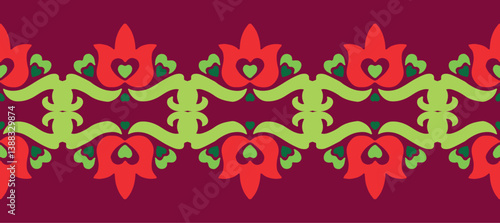 Tatar seamless pattern. Islamic tulip, floral geometry. Culture of the Tatar people, symbols of green and red