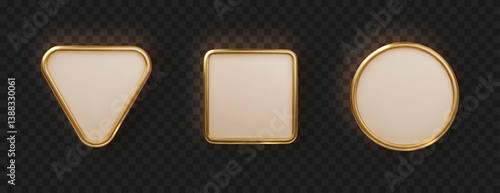Golden plate button shape with frame. Realistic isolated design element, golden glossy label. Realistic 3D design.