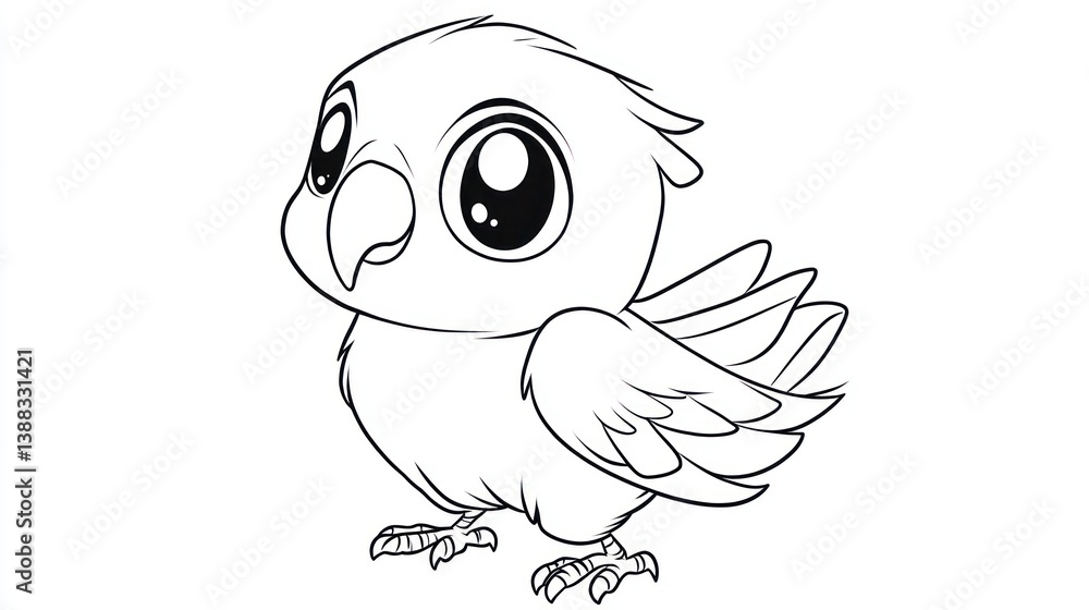 Obraz premium Cute cartoon parrot, coloring page, for kids, education, and fun