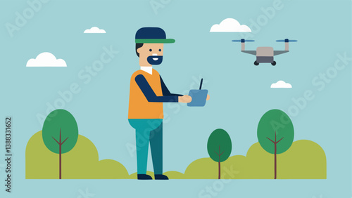 Drone Development An engineer finetuning a drones navigation system outdoors with trees and an open field in the backdrop.