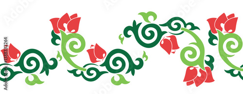Floral pattern Tatar Native Ornamental border with tulips. Culture of the Tatar people, symbols of green and red