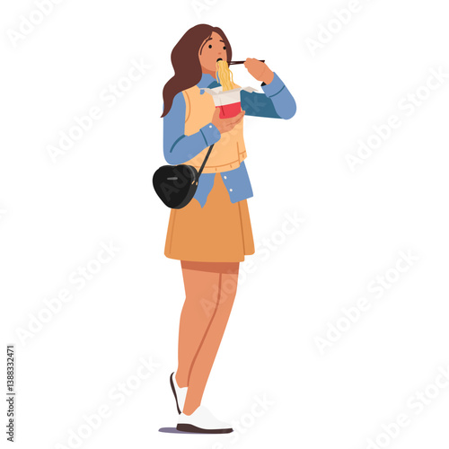 Young fashion woman character eating fast food on the go enjoying ramen noodles with chopstick