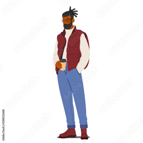 Young man music producer cartoon character drinking coffee standing isolated on white background