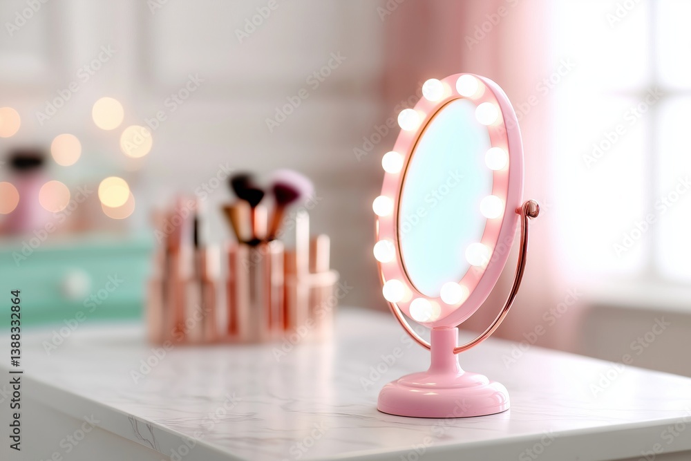 Fototapeta premium Vanity mirror with lights on a marble countertop in a bright room with a beauty product display in the background. stylish pink vanity mirror with lights on a marble countertop in a well lit bathroom