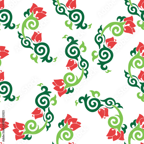 Floral pattern Tatar Native Ornamental border with tulips. Culture of the Tatar people, symbols of green and red