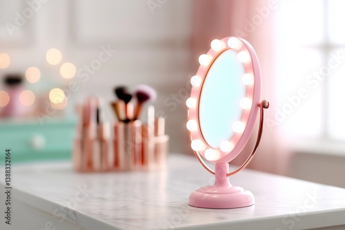 Vanity mirror with lights on a marble countertop in a bright room with a beauty product display in the background. stylish pink vanity mirror with lights on a marble countertop in a well lit bathroom