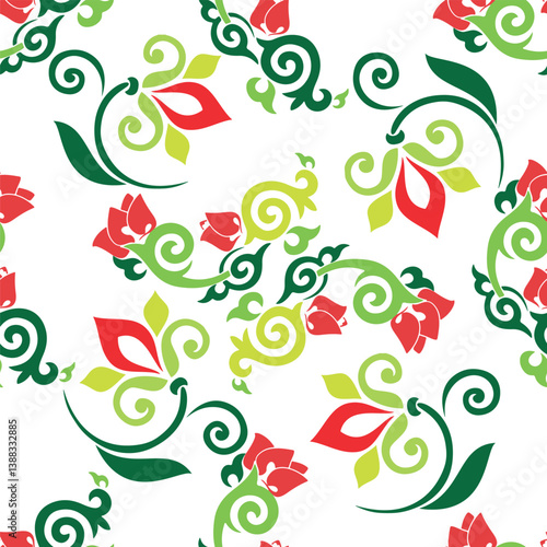 Floral pattern Tatar Native Ornamental border with tulips. Culture of the Tatar people, symbols of green and red