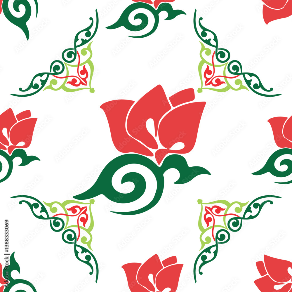 Floral pattern Tatar Native Ornamental border with tulips. Culture of the Tatar people, symbols of green and red Floral pattern Tatar Native Ornamental border with tulips. Culture of the Tatar people, symbols of green and red