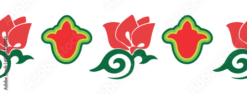 Floral pattern Tatar Native Ornamental border with tulips. Culture of the Tatar people, symbols of green and red