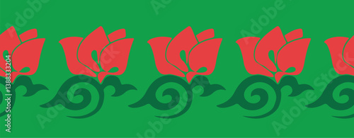 Floral pattern Tatar Native Ornamental border with tulips. Culture of the Tatar people, symbols of green and red