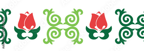 Floral pattern Tatar Native Ornamental border with tulips. Culture of the Tatar people, symbols of green and red