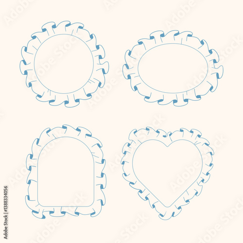 Set of cute blue hand-drawn frames with ruffles in round, oval, arched, and heart shapes. Perfect for baby design, scrapbooking, cards, and children's decor.