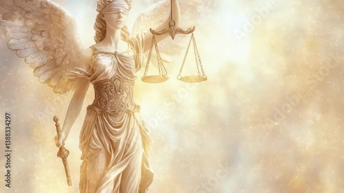 Angel of justice with wings and blindfold holding scales and sword, glowing in a golden ethereal light against a divine sparkling background