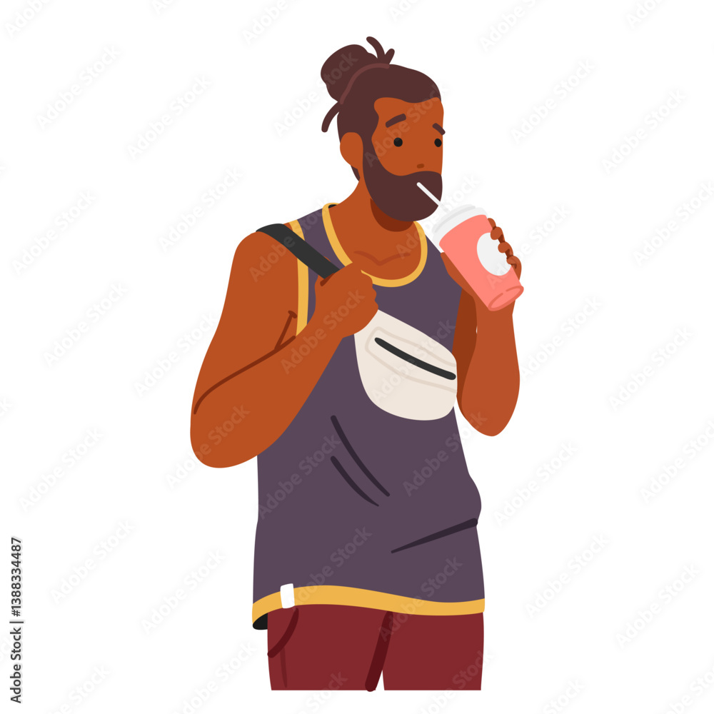 Sportive hipster guy cartoon character drinking latter from takeaway cup isolated on white Sportive hipster guy cartoon character drinking latter from takeaway cup isolated on white