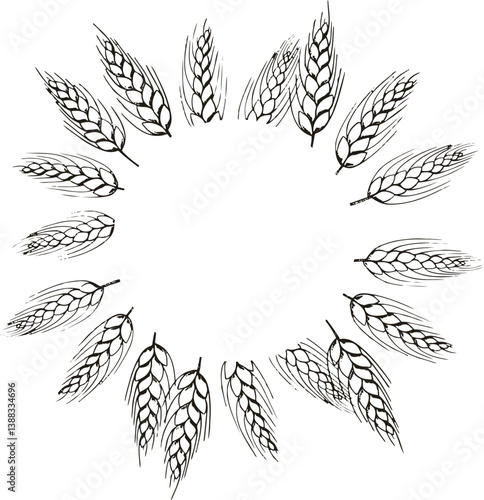 food banner bakery, pastry with wheat, oat, barley, rye, wheat ears stalks, field on yellow background and space for text, copy space