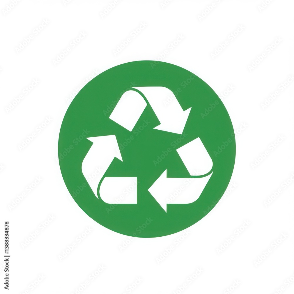 White recycle symbol with arrows inside a green circle on a plain white background image view White recycle symbol with arrows inside a green circle on a plain white background image view