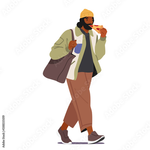 Hipster freelance guy cartoon character eating pizza slice fast food on the go isolated on white