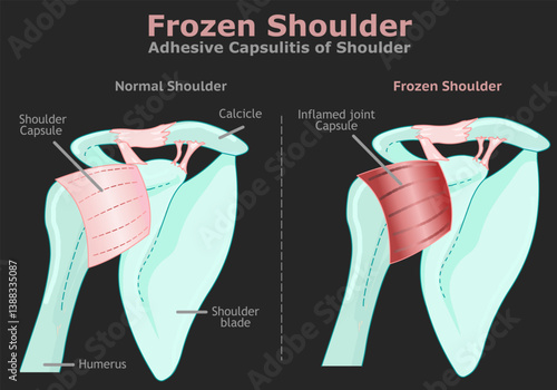 Frozen shoulder, adhesive capsulitis. Shoulder joint becomes inflamed and stiff over. Capsule and bone broken arm. Dark back. Medical illustration. Vector	