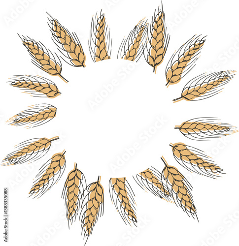 food banner bakery, pastry with wheat, oat, barley, rye, wheat ears stalks, field on yellow background and space for text, copy space
