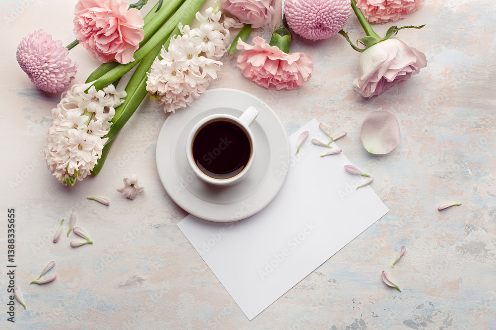 Flat lay with morning cup of coffee, empty card and bouquet of flowers on pastel concrete background. Top view, copy space Flat lay with morning cup of coffee, empty card and bouquet of flowers on pastel concrete background. Top view, copy space