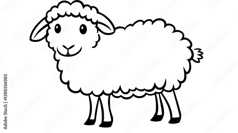 Cute cartoon sheep side view, simple black and white illustration, possible use for children's book Cute cartoon sheep side view, simple black and white illustration, possible use for children's book