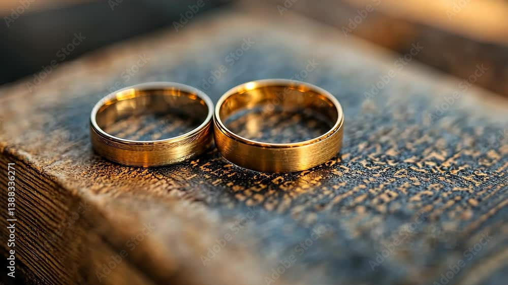 Two golden wedding bands lie next to each other on a rustic wooden surface, illuminated by gentle sunlight. This moment captures the essence of love and unity shared by couples. Two golden wedding bands lie next to each other on a rustic wooden surface, illuminated by gentle sunlight. This moment captures the essence of love and unity shared by couples.