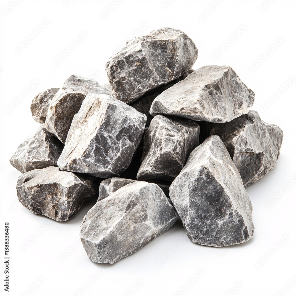 Pile of rough, natural dolomite stones carefully arranged on white background Pile of rough, natural dolomite stones carefully arranged on white background