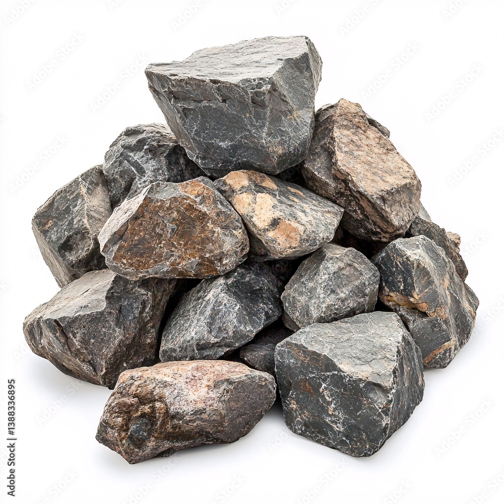 Pile of rugged granite rocks displayed on a pristine white background Pile of rugged granite rocks displayed on a pristine white background