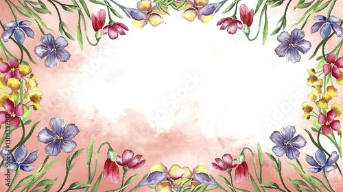 Animated watercolor floral frame with soft blooming wildflowers. Elegant botanical animation for wedding invitations, greeting cards, presentations. Smooth motion with pastel aesthetic, natural vibe