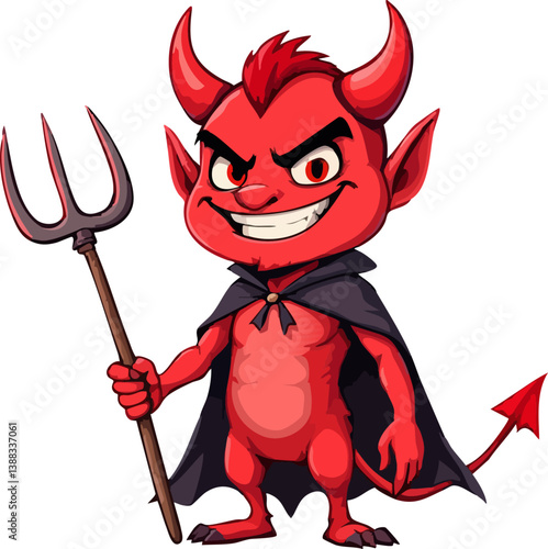 Mischievous Little Red Devil with Pitchfork and Cape: Cartoon Character Design of a Playful Imp Sporting a Devilish Grin and Classic Halloween Attire