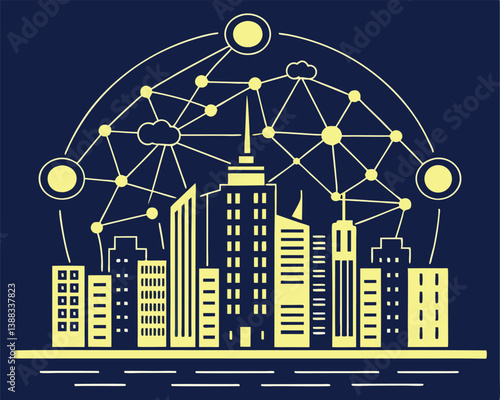 Connected Cityscape with Wi-Fi Network Overlaying Urban Buildings Illustration.