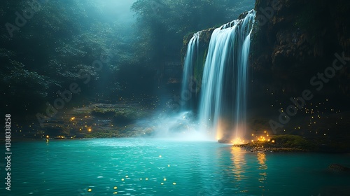 A mystical waterfall cascading into a glowing turquoise pool, the mist rising gently, tiny fireflies floating around, enhancing the serene lo-fi aesthetic,