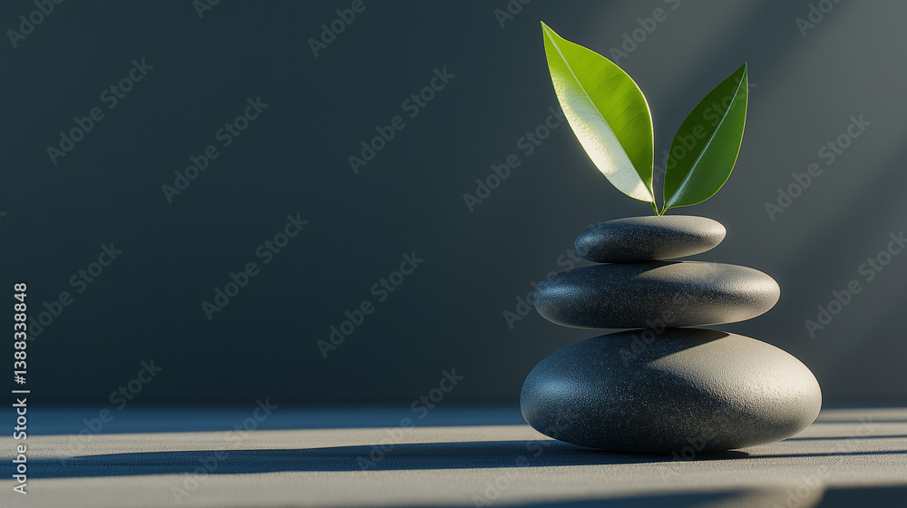 Stacked smooth spa stones with green leaf, zen balance concept, cinematic shadows Stacked smooth spa stones with green leaf, zen balance concept, cinematic shadows
