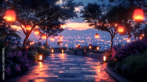 A neon-lit rooftop garden with small glowing lanterns hanging between trees, soft ambient city lights in the distance, calm and quiet night atmosphere,