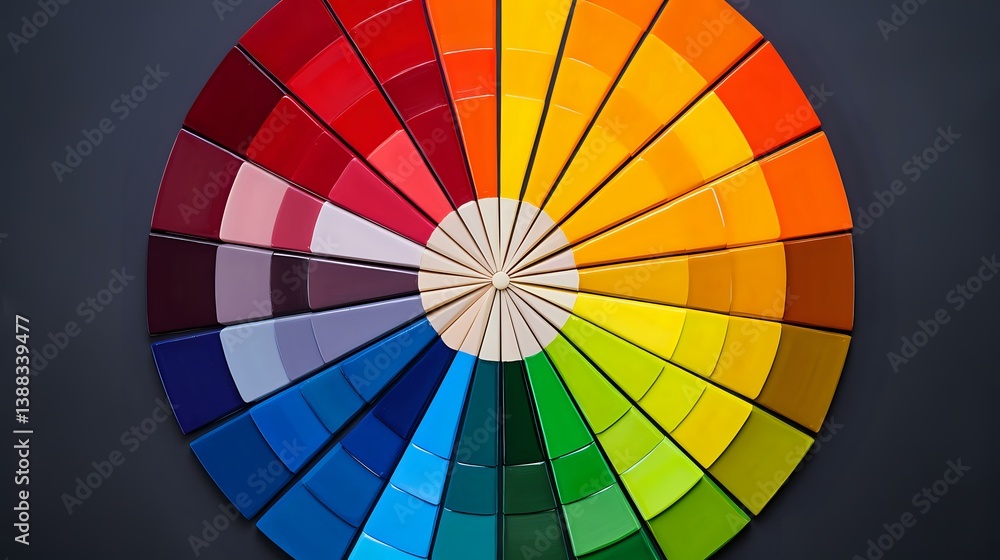 Obraz premium Vibrant color wheel showing spectrum of hues from red to blue arranged in circular segments against dark background, useful for design theory and color psychology.