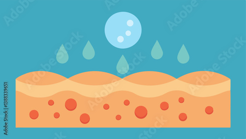 Nanoparticle Release Illustrate tiny spherical nanoparticles in a skin layer emitting moisture droplets that trate into the deeper skin layers.