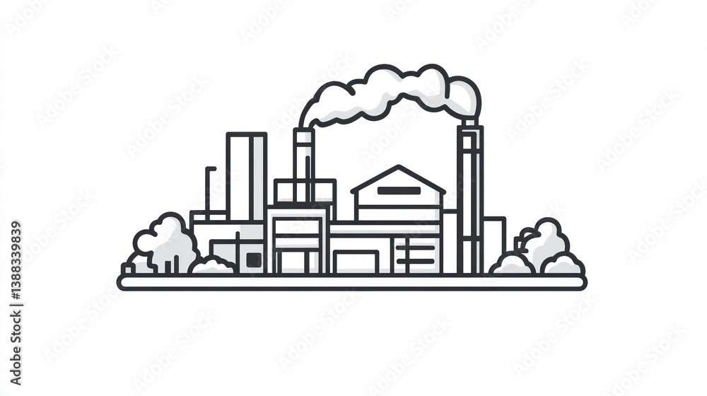 Obraz premium Industrial Landscape Illustration, factory buildings, smoke, trees