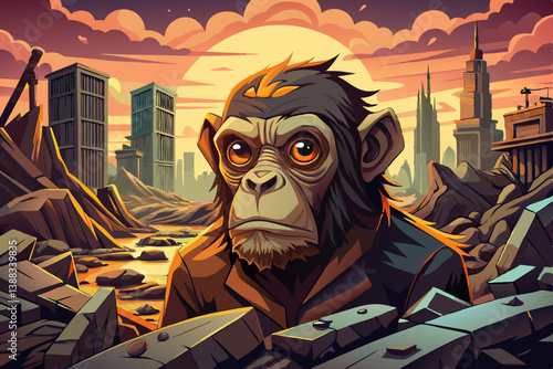 Monkey portrait on a pile of rubble in a post apocalyptic ruined city, Crumbling buildings and dusty metal debris surround, monkey portrait banner