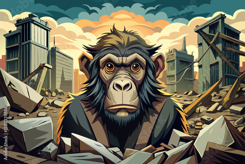 Monkey portrait on a pile of rubble in a post apocalyptic ruined city, Crumbling buildings and dusty metal debris surround, monkey portrait banner