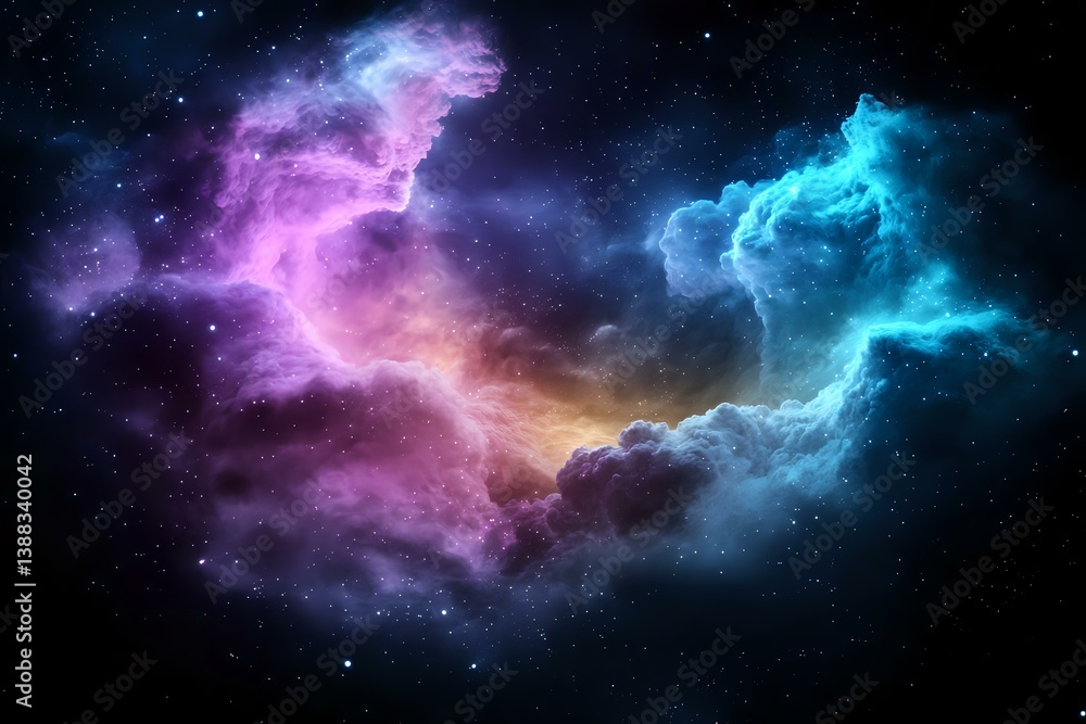 Fototapeta premium Vibrant cosmic nebula with swirling pink, purple and turquoise clouds against dark space background, illuminated by distant stars creating ethereal celestial formation.