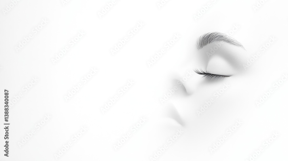 Fototapeta premium Womans Eye Minimalist Style High-contrast Lighting Close-up Profile View Soft Focus Peaceful Rest White Background Pure Serenity Skincare Advertising extra details included