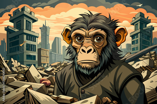 Monkey portrait on a pile of rubble in a post apocalyptic ruined city, Crumbling buildings and dusty metal debris surround, monkey portrait banner