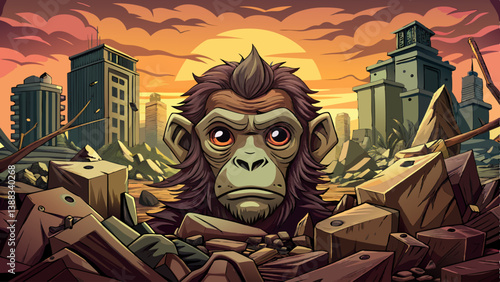 Monkey portrait on a pile of rubble in a post apocalyptic ruined city, Crumbling buildings and dusty metal debris surround, monkey portrait banner