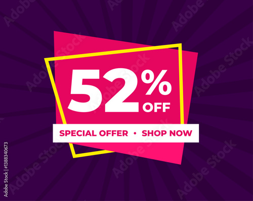 52% off, fifty two percent, special offer, shop now. Background Label. Purple and pink. Discount special offer. Modern concept design. Vector illustration.
