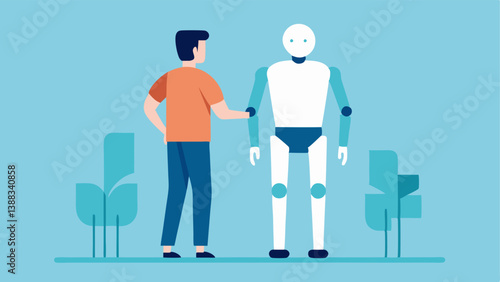 Patient Standing with Exoskeleton An illustration of a patient standing upright wearing a sleek robotic exoskeleton that supports their legs and arms with physical thes guiding